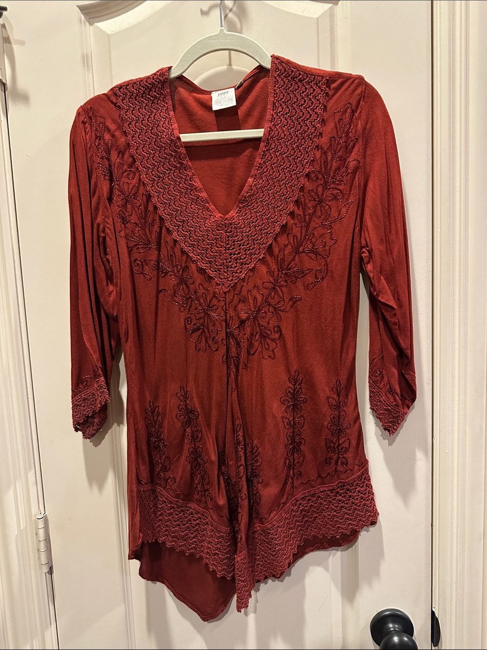 Rust Embroidered V-Neck Tunic Top with Scalloped Trim